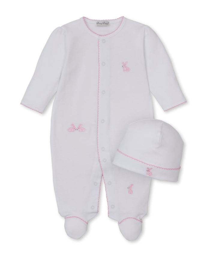 Kissy Kissy Snap Footie/Hat Set in Pink Trim Springtime Bunny Fun