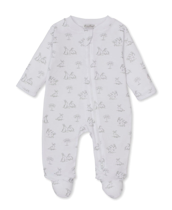 Kissy Kissy Zip Footie in Silver Springtime Bunny Fun