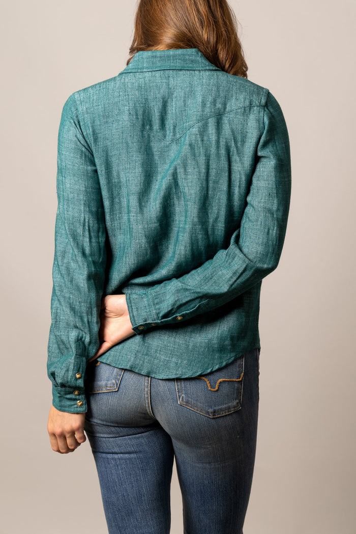 Dark teal snap-front button-up shirt, long sleeves (back view)