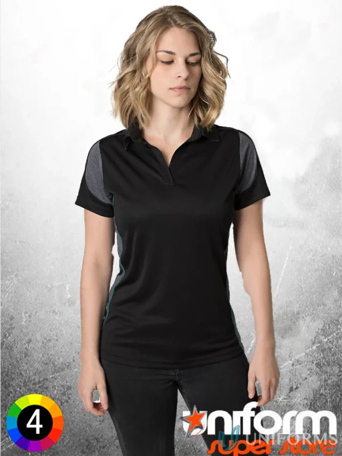 Woman wearing Ladies Black Kanvas Contrast Polo with aegis microbe shield and cooldry polyester