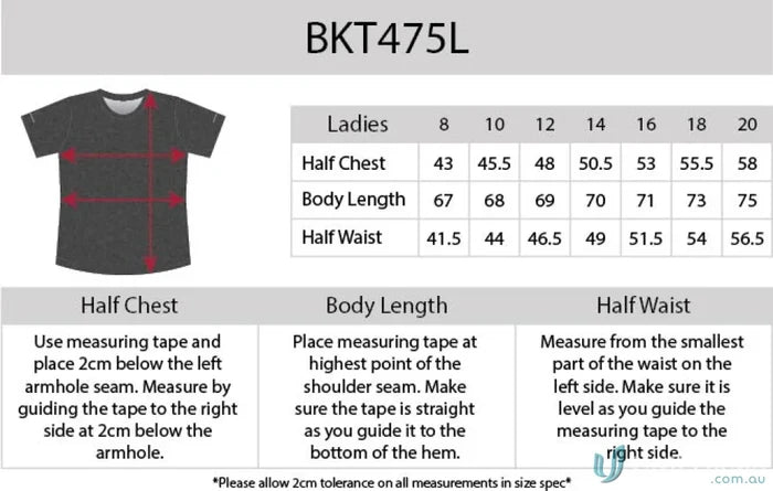 Clothing size chart for Ladies Black Kanvas Soft Touch Tee with aegis microbe shield and cooldry moisture management