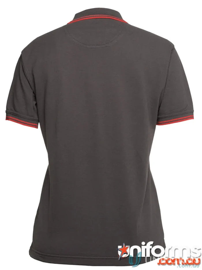 Gray polo shirt with red trim from JB’s Ladies Contrast Polo collection, 210gsm pique knit