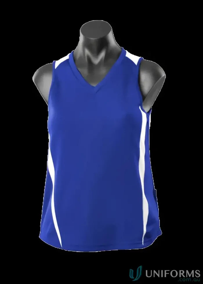 Blue and white athletic tank top made of breathable fabric for Ladies Eureka Singlet uniforms
