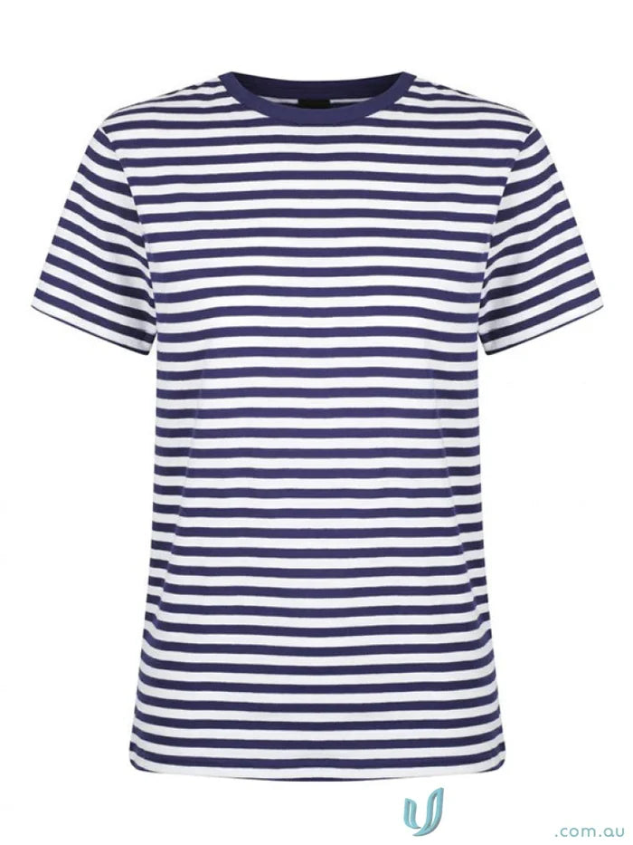 Ladies Stevie Stripe T-Shirt with navy blue and white stripes, perfect for workwear or uniforms
