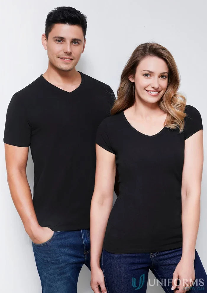 Two ladies wearing black V-neck shirts and jeans showcasing the Ladies Viva Tee from Biz Collection Ladies