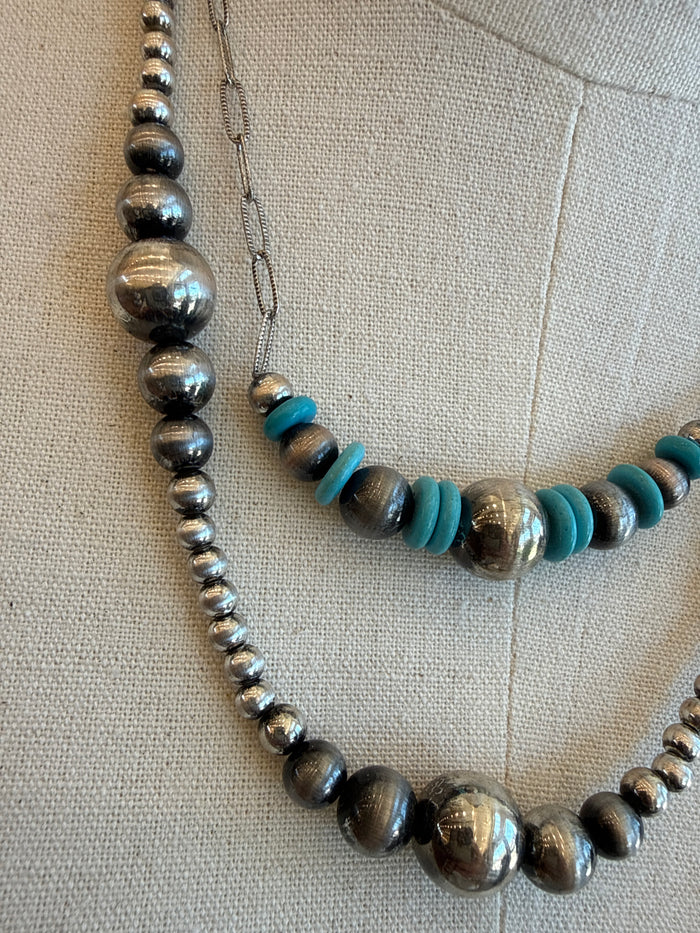 Layered Pearl & Turquoise Paperclip Necklace
