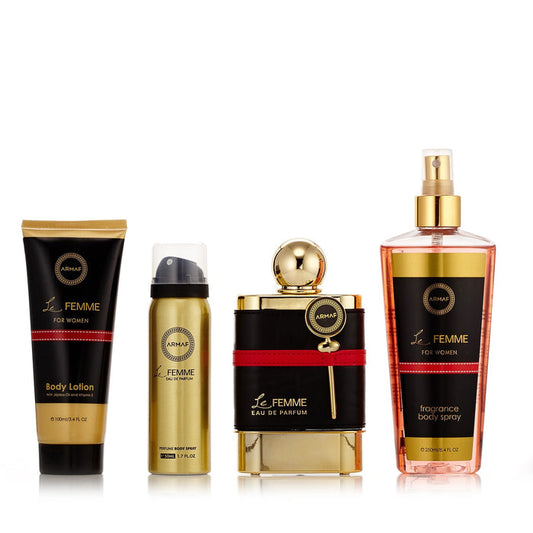 Le Femme 4-piece Gift Set with 3.4 oz. EDP, 3.4 oz. Body Lotion, 8.4 oz. Fragrance Body Spray, and 1.7 oz. Body Spray