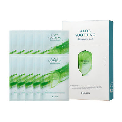Leaders Skin Renewal Mask Aloe Soothing | Leaders displayed with multiple individual aloe-infused soothing masks and accompanying product box showcasing fresh aloe leaf design for skincare and wellness.