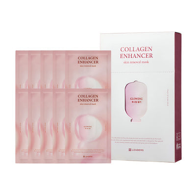 Leaders Skin Renewal Mask Collagen Enhancer | Leaders set includes multiple pink sachets and a white box, designed for skincare targeting skin renewal and collagen enhancement.