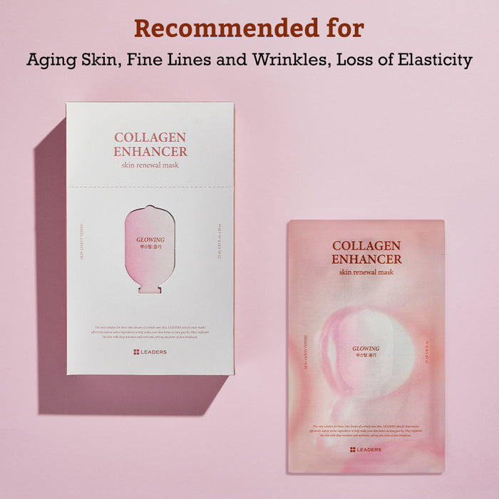 Leaders Skin Renewal Mask Collagen Enhancer | Leaders packaging and mask on pink background, promoting skincare for aging skin, fine lines, wrinkles, and loss of elasticity.