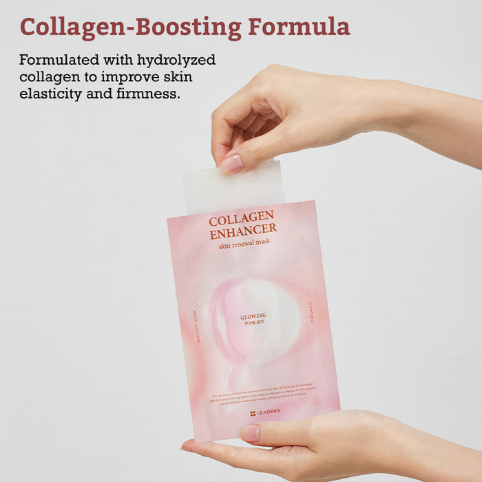 Hands holding a pink packet labeled "Collagen Enhancer" with a white sheet mask being pulled out, promoting the Leaders Skin Renewal Mask Collagen Enhancer | Leaders for skincare and improved skin elasticity.