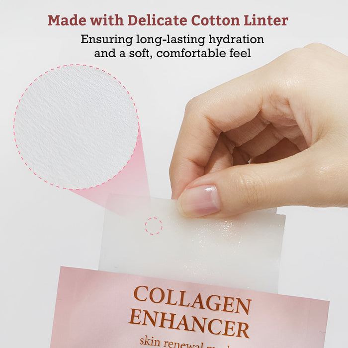 Hand holding a delicate cotton linter sheet above packaging labeled Collagen Enhancer, promoting long-lasting hydration and a soft, comfortable feel with Leaders Skin Renewal Mask Collagen Enhancer | Leaders.