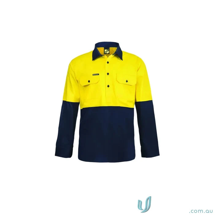 Lightweight Hivis Half Placket Cotton Drill Shirt in yellow and navy blue