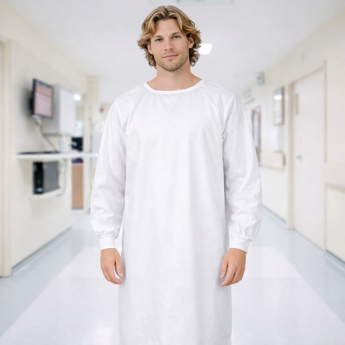 White long-sleeve patient gown with knit cuffs from reliable uniforms