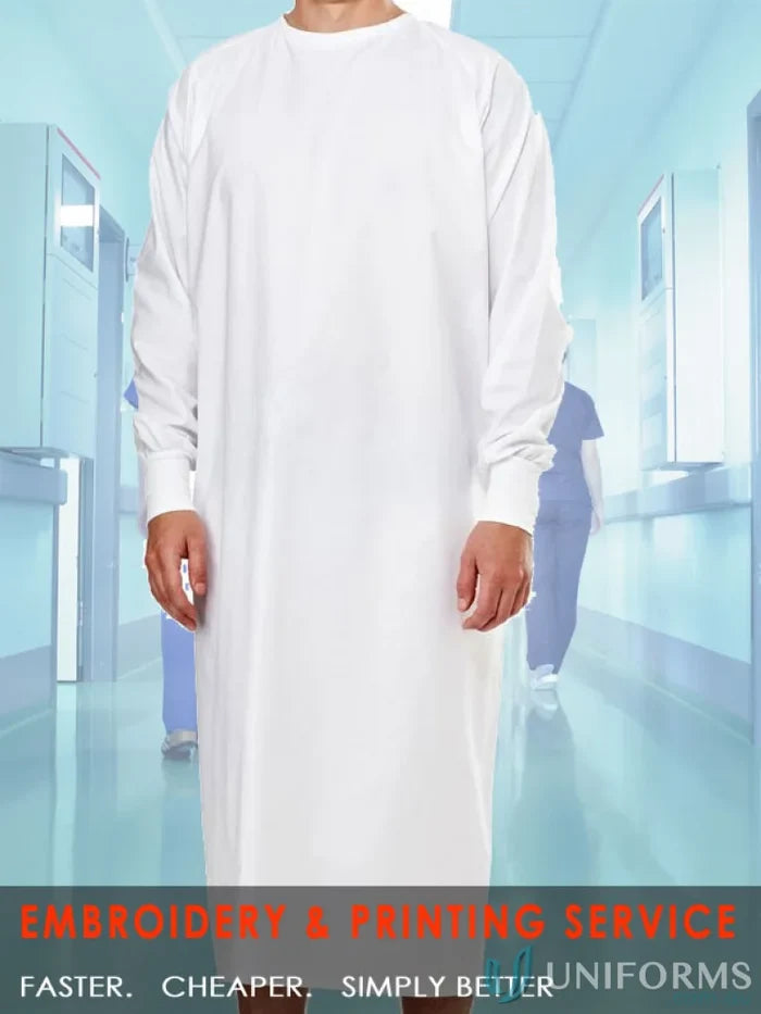 White LS Patient Gown with long knit cuffs, perfect for reliable hospital uniforms