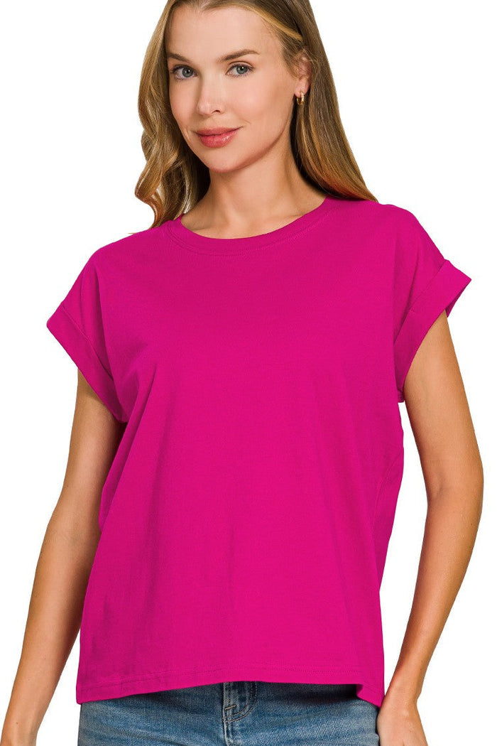 Magenta cotton crew neck T-shirt with short folded sleeves
