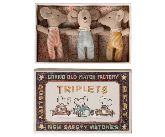 Maileg Triplets Baby Mice in a Box-Checkered Outfits