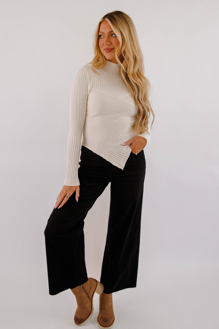 Asymmetrical Ribbed Long Sleeve Top- Women's Ivory Layering Top- Women's Ribbed Top