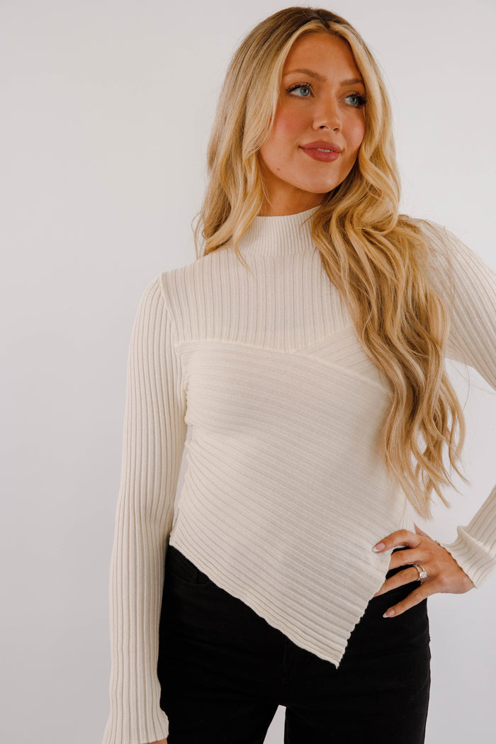 Asymmetrical Ribbed Long Sleeve Top- Women's Ivory Layering Top- Women's Ribbed Top