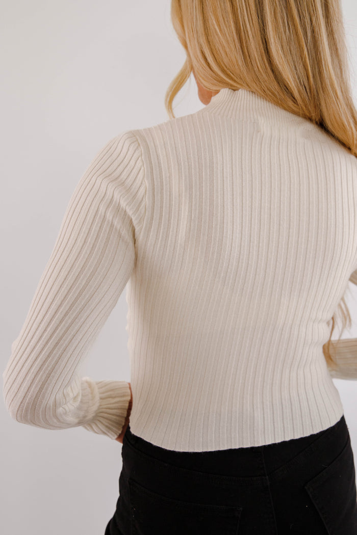 Asymmetrical Ribbed Long Sleeve Top- Women's Ivory Layering Top- Women's Ribbed Top