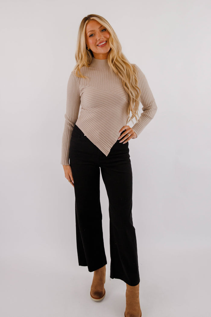 Asymmetrical Ribbed Long Sleeve Top- Women's Taupe Layering Top- Women's Ribbed Top