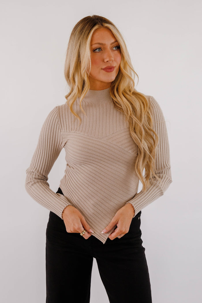 Asymmetrical Ribbed Long Sleeve Top- Women's Taupe Layering Top- Women's Ribbed Top