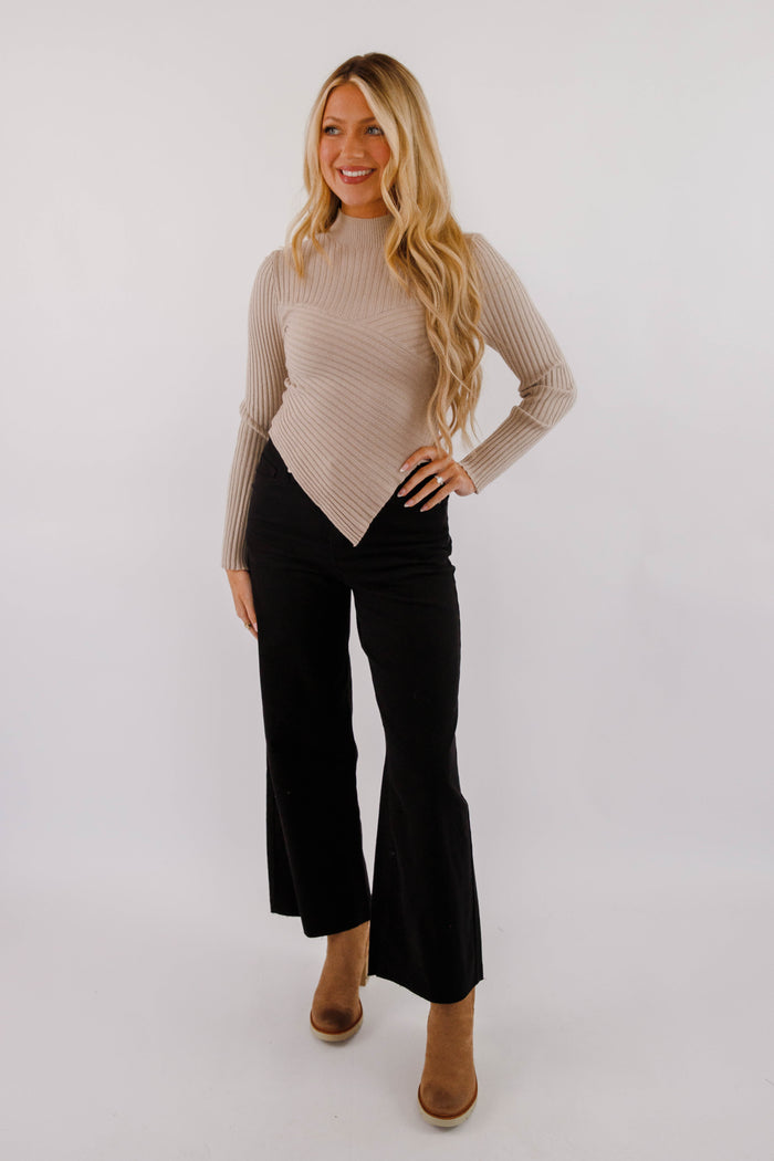 Asymmetrical Ribbed Long Sleeve Top- Women's Taupe Layering Top- Women's Ribbed Top
