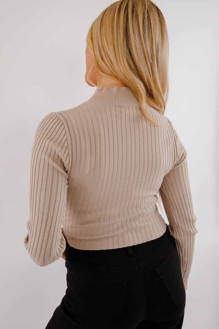 Asymmetrical Ribbed Long Sleeve Top- Women's Taupe Layering Top- Women's Ribbed Top