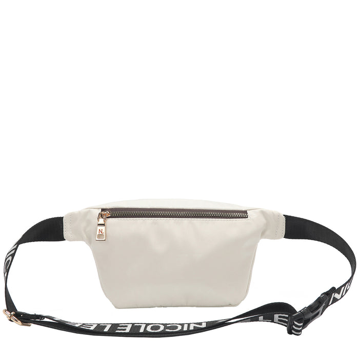 OUR NICOLE LEE MARGOT BELT BAG IN WHITE WITH STRAPS AND BACK ZIP POCKET.