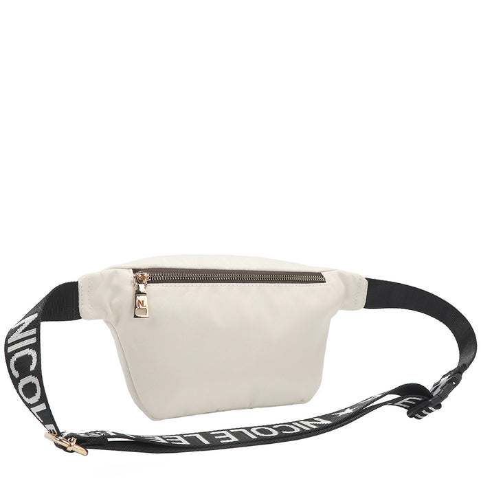 OUR NICOLE LEE MARGOT BELT BAG IN WHITE WITH STRAPS AND BACK ZIP POCKET.