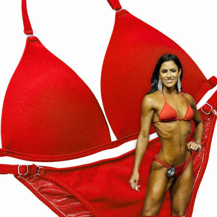 Matte Red Fit Model Competition Suit in vibrant red for NPC bikini competition suit and fit model competition bikinis