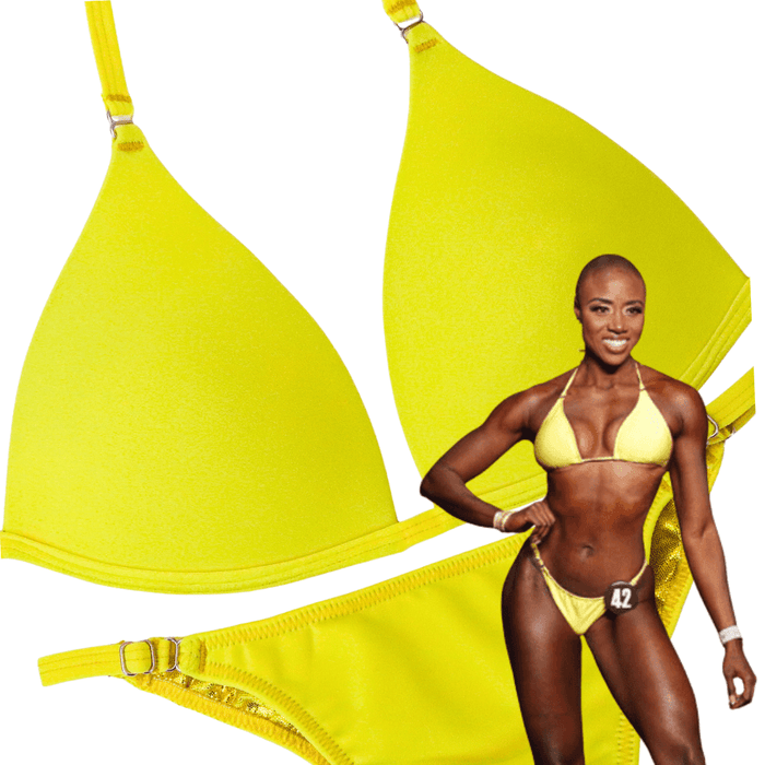 Matte Yellow Fit Model Competition Suit in bright yellow for NPC bikini competition suit and fit model competition suit