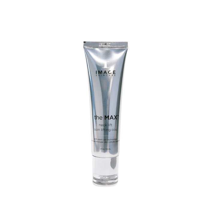 Silver tube of MAX™ neck lift | IMAGE Skincare featuring a sleek, modern design, promoting skincare and wellness for neck lifting and firming benefits.