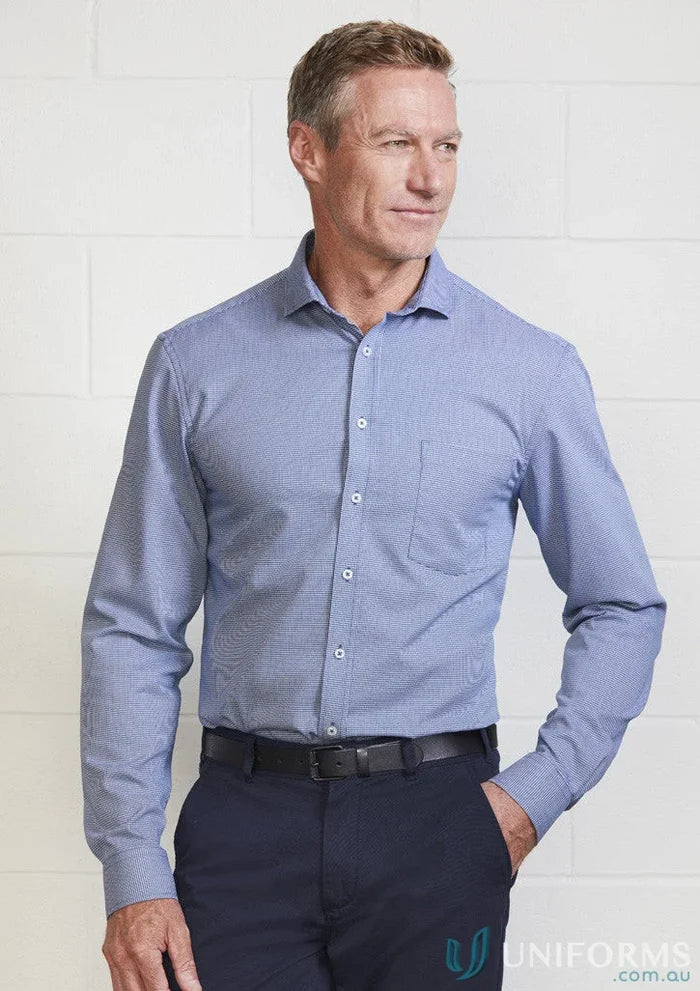 Man in blue patterned Jagger LS Shirt from Biz Collection with easy-care fabric