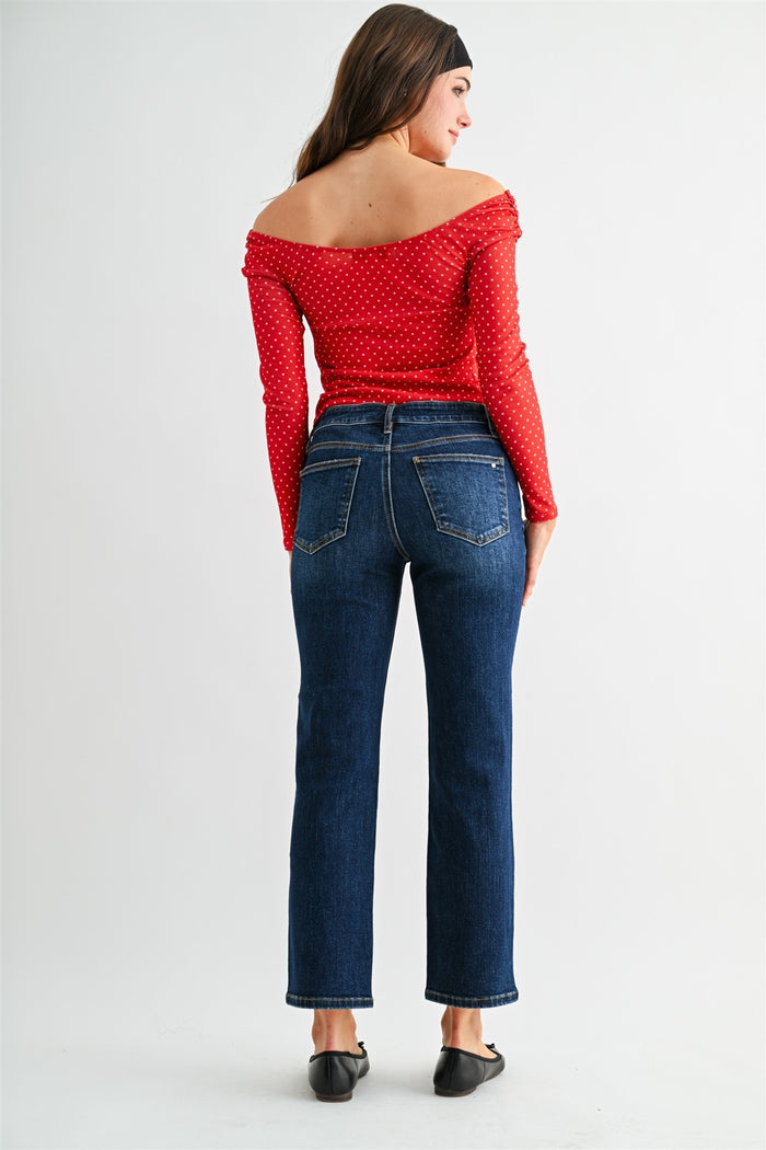 Mid-rise straight ankle jeans in dark wash, back view, Mica label