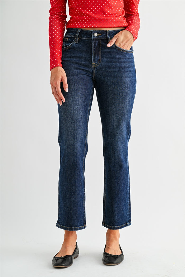Mid-rise straight ankle jeans in dark wash with front pockets and button closure