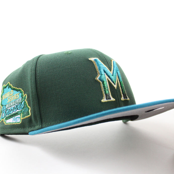 Milwaukee Braves 1957 WORLD SERIES New Era 59Fifty Fitted Hat (Dark Seaweed Teal Gray Under Brim)  Menthol Pack
