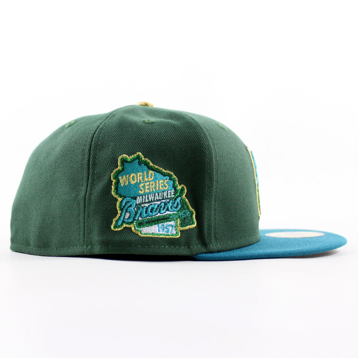 Milwaukee Braves 1957 WORLD SERIES New Era 59Fifty Fitted Hat (Dark Seaweed Teal Gray Under Brim)  Menthol Pack