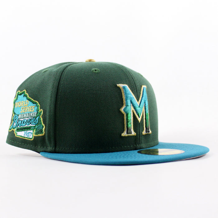 Milwaukee Braves 1957 WORLD SERIES New Era 59Fifty Fitted Hat (Dark Seaweed Teal Gray Under Brim)  Menthol Pack