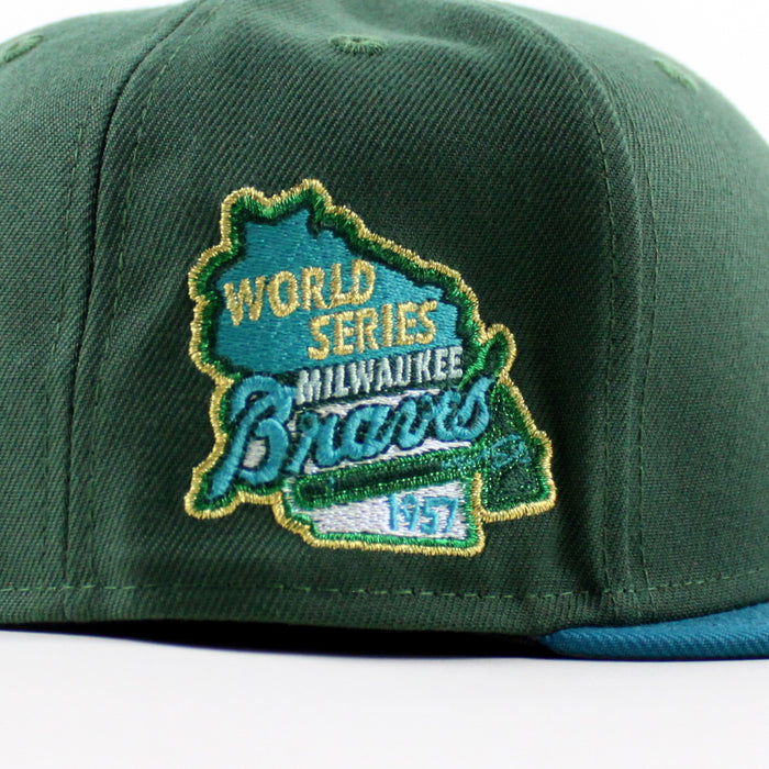 Milwaukee Braves 1957 WORLD SERIES New Era 59Fifty Fitted Hat (Dark Seaweed Teal Gray Under Brim)  Menthol Pack