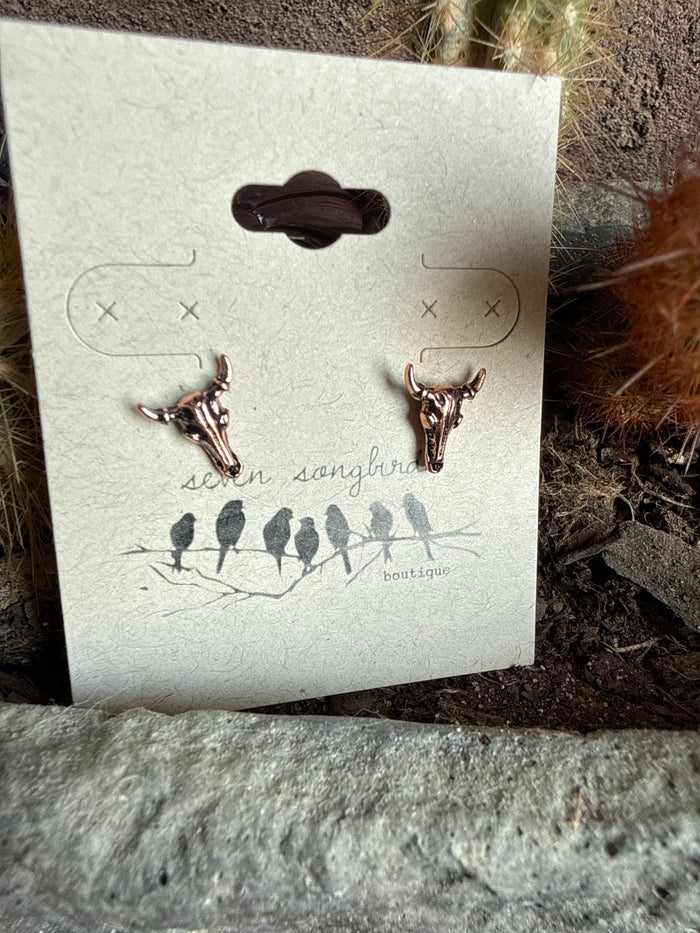Mini cow skull stud earrings, pair of small silver-tone cow skull studs