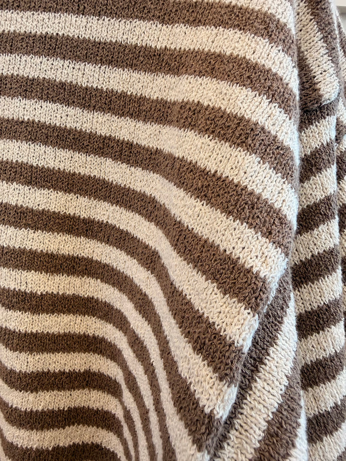 Striped knit short-sleeve sweater detail, brown and cream horizontal stripes