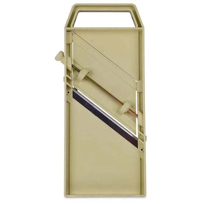 A professional quality mandolin slicer in green color with a black strip, featuring a hand guard and adjustable thickness settings.