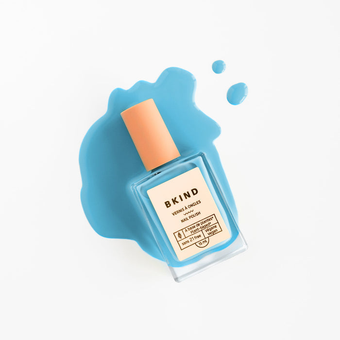BKIND Blue Lagoon nail polish spill – arctic ocean blue vegan nail colour in Calgary