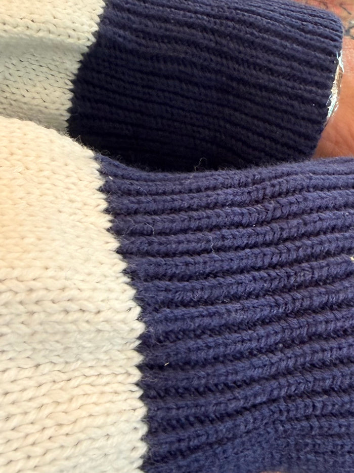 Ribbed mock neck sweater detail with navy and cream check knit texture
