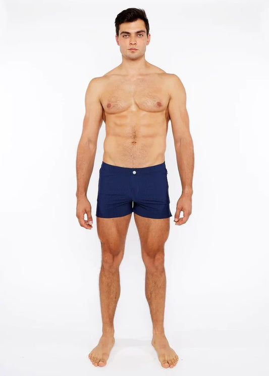 Navy Pinstripe Swim Short W/Mesh Brief Lining St-8024-07