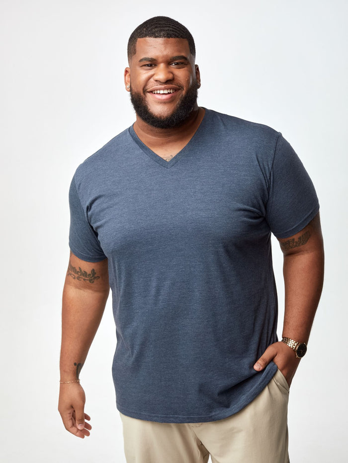 Steven is 6', 275lbs and wears a size 3xl # Navy Men's V-Necks | Fresh Clean Threads