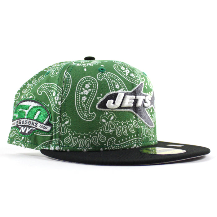 New York Jets 50 Seasons New Era 59Fifty Fitted Hat (Green Paisely Black Gray Under Brim)