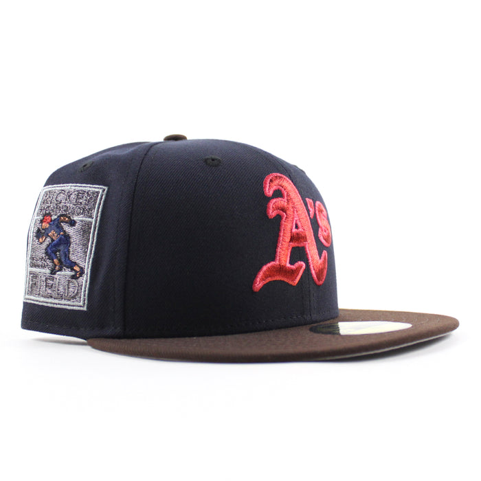 Oakland Athletics Ricky Henderson New Era 59Fifty Fitted Hat (Dark Blue Brown Gray Under Brim)