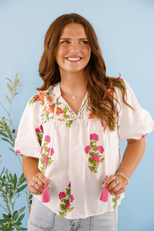White and Pink Floral Blouse- Women's Cotton Tops- THML Tops